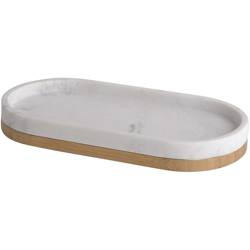 Oblong Marble Wood Tray, Polyresin and Bamboo, Marble Effect