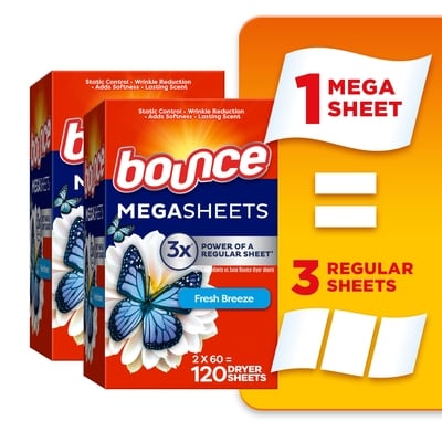 Bounce WrinkleGuard Mega Dryer Sheets, 120 Count, Wrinkle Release Fabric Softener Sheets with Outdoor Fresh Scent 120 ea, $0.13/1ea