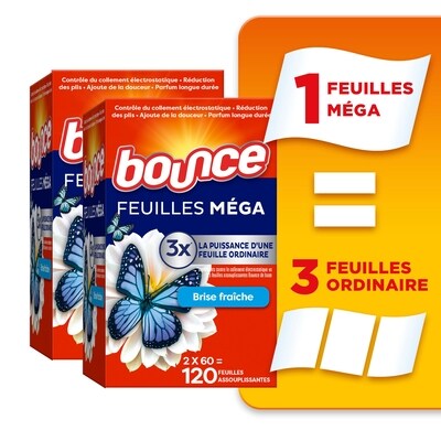 Bounce Feuilles assouplissantes méga WrinkleGuard, assouplissant textile et feuilles défroissantes, parfum Fraîcheur de grand air, 120 unités 120 ea, 0,13 $/1ch