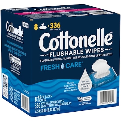 Cottonelle Lingettes humides jetables dans les toilettes Fresh Care, lingettes humides pour adultes, 8 paquets avec couvercle rabattable, 42 lingettes par paquet (336 lingettes jetables dans les toilettes au total). 336 ea, 0,07 $/1ch