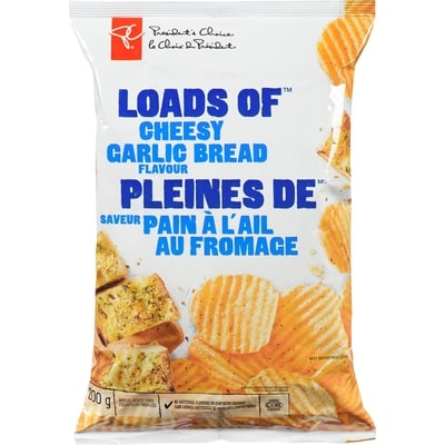 President's Choice Loads of Cheesy Garlic Bread Flavour Rippled Potato Chips 200 g, $1.25/100g