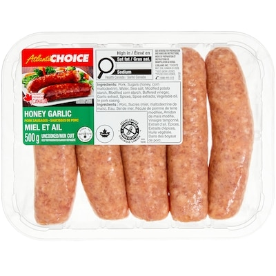 Atlantic Choice Saucisses de porc au miel et à l’ail 500 g, 1,80 $/100g