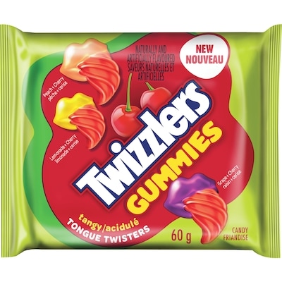 Twizzlers Bonbons acidulés  GUMMIES TONGUE TWISTERS de format individuel, cas 18x60.0 g, 1,67 $/100g