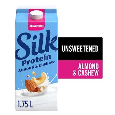 Silk Almond & Cashew Protein Milk Alternative, Unsweetened, Dairy Free, 8g of Protein 1.75 l, $0.29/100ml