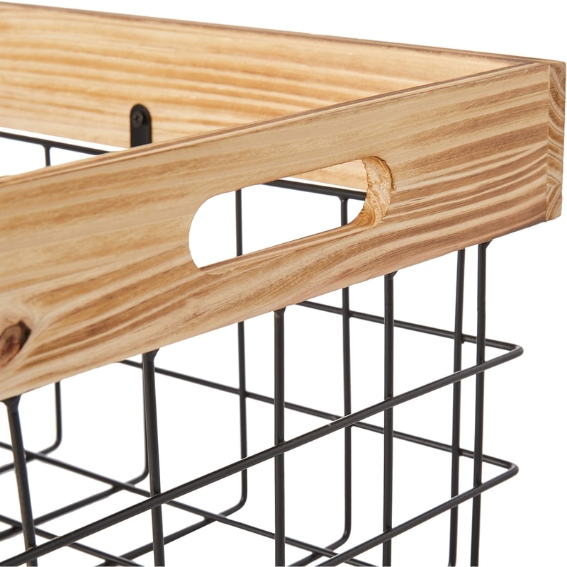 Wood with Iron Wire Basket, Medium, 14 in x 9.5 in x 7 in