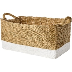 Seagrass and Paper Rope Storage Basket with Handles, Rectangle, 13 in x 18 in, 2-Tone Cream and Light Brown, Small