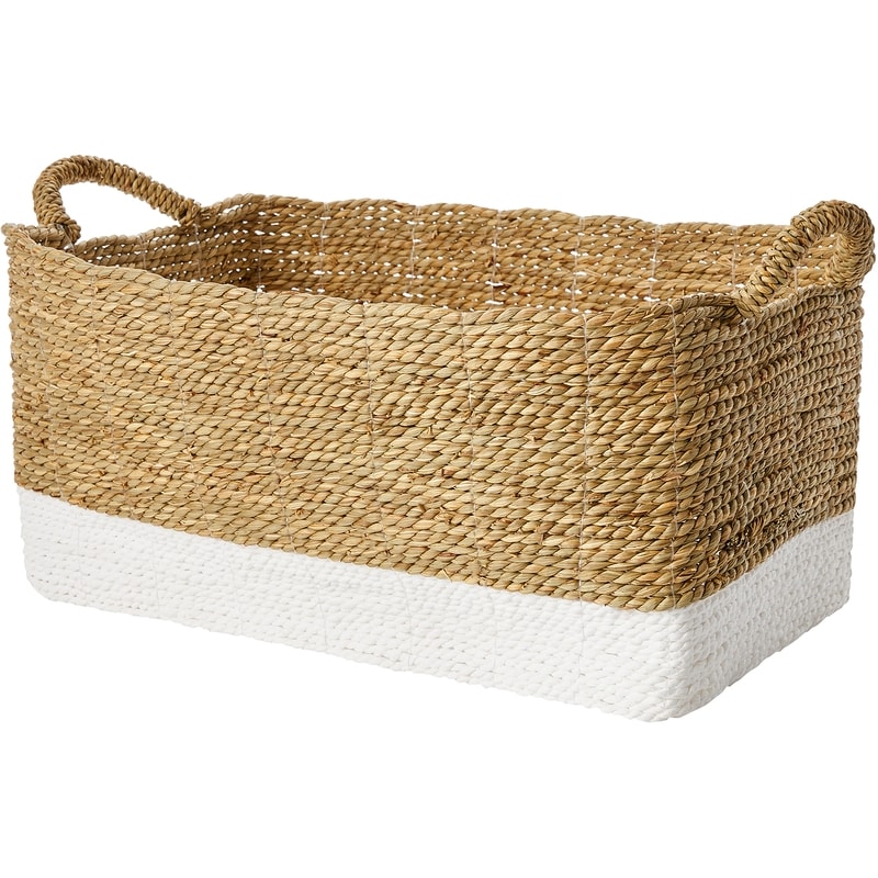 Seagrass and Paper Rope Storage Basket with Handles, Rectangle, 13 in x 18 in, 2-Tone Cream and Light Brown, Small
