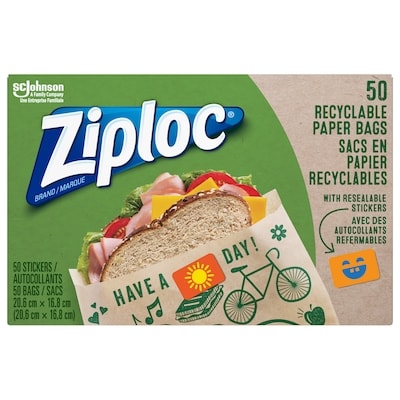 Ziploc Sacs à sandwich et à collation en papier, Recyclables et refermables,avec dessins amusants Emballage de 50 50 ea, 0,17 $/1ch