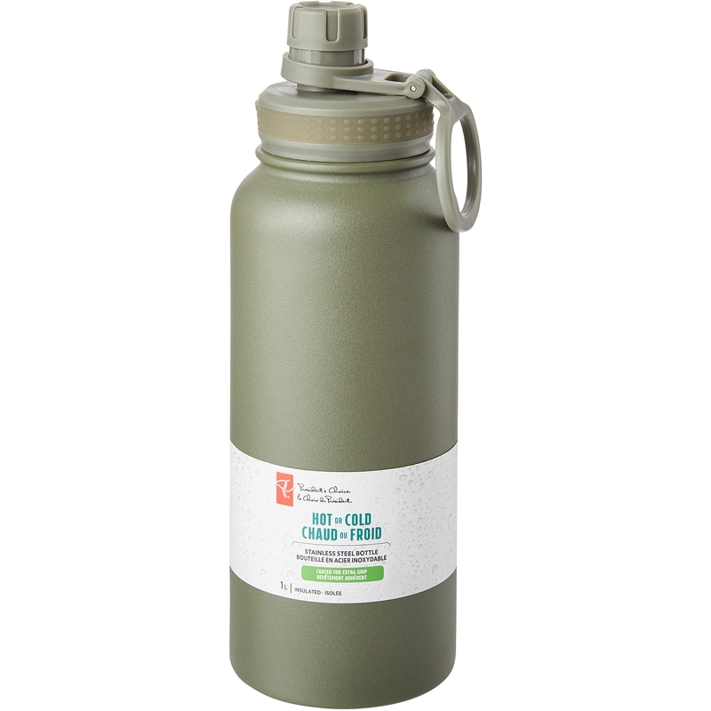 President's Choice Dual Lid Stainless Steel Water Bottle, 1L - Olive