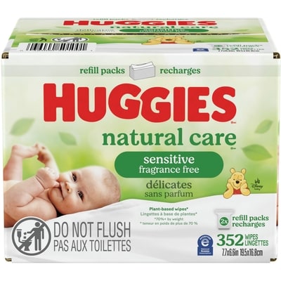 Huggies Lingettes pour bébés Natural Care pour peau sensible, NON PARFUMÉES, 2 recharges, total de 352 lingettes 352 ea, 0,05 $/1ch