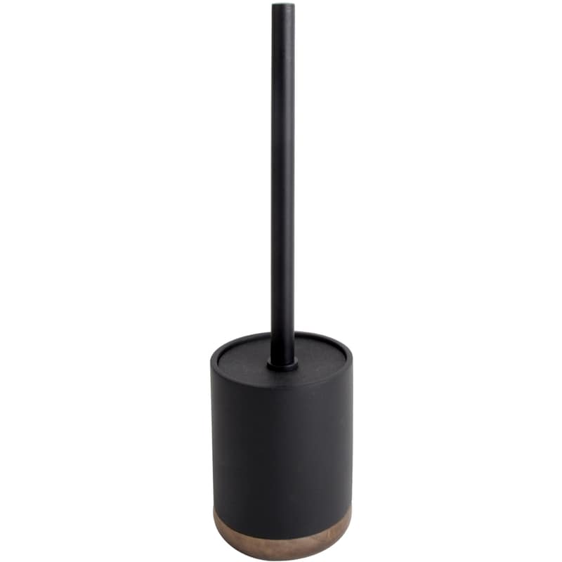 Toilet Brush Holder, Polyresin, Acacia Wood, Stainless Steel, and Plastic, Black