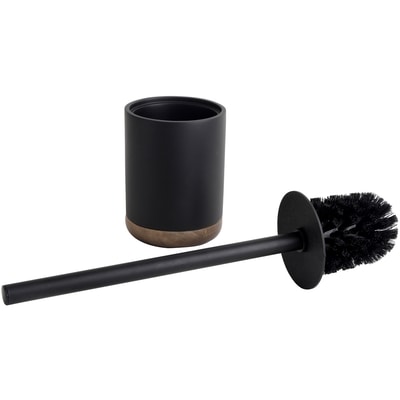 Toilet Brush Holder, Polyresin, Acacia Wood, Stainless Steel, and Plastic, Black