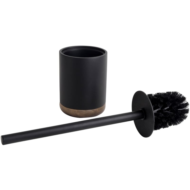 Toilet Brush Holder, Polyresin, Acacia Wood, Stainless Steel, and Plastic, Black
