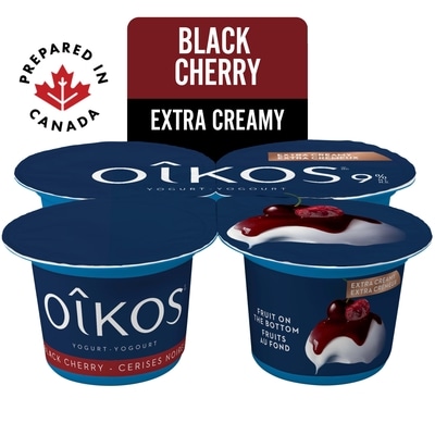 Oikos Extra Creamy Greek Yogurt, Black Cherry, Fruit on the Bottom, 9% M.F. 4x95.0 g, $1.31/100g