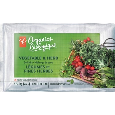 PC Biologique Mélange de sol pour légumes et fines herbes, 25L 1 ea, 7,00 $/1ch