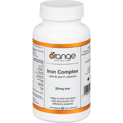 Orange Naturals Iron Complex with B and C Vitamins 20 mg Iron 60 Veg Capsules 60 ea, $0.37/1ea