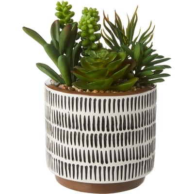 Life at Home Faux Succulent Arrangement in 2-Tone Brown and White Dash Design Ceramic Pot, 7.08 in 1 ea, $15.00/1ea