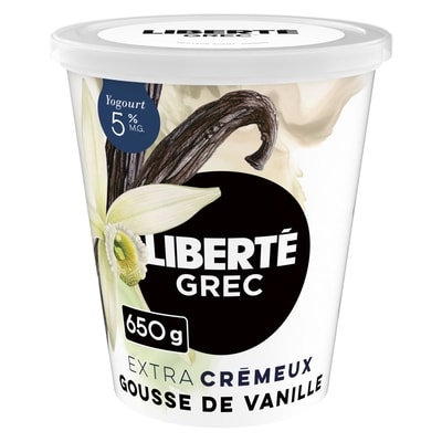 Liberté Grec Yogourt Extra crémeux 5 %, Gousse de vanille, Teneur élevée en protéines 650 g, 1,31 $/100g