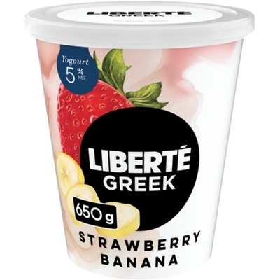 Liberte Greek 5% Extra Creamy Yogurt, Strawberry Banana, High Protein 650 g, $1.31/100g