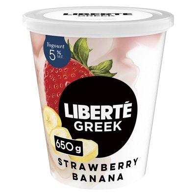 Liberte Greek 5% Extra Creamy Yogurt, Strawberry Banana, High Protein 650 g, $1.23/100g