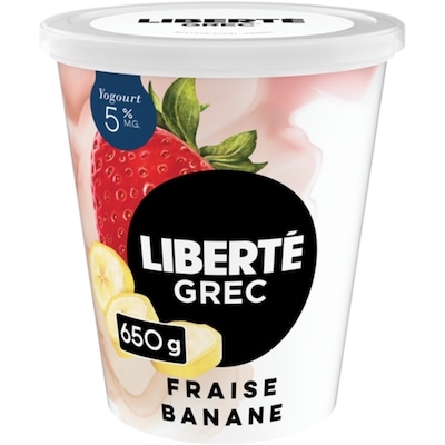 Liberté Grec Yogourt Extra crémeux 5 %, Fraise Banane, Teneur élevée en protéines 650 g, 1,31 $/100g