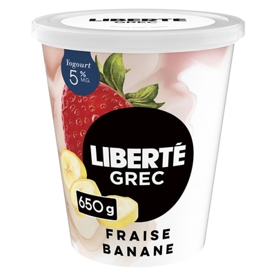 Liberté Grec Yogourt Extra crémeux 5 %, Fraise Banane, Teneur élevée en protéines 650 g, 1,31 $/100g