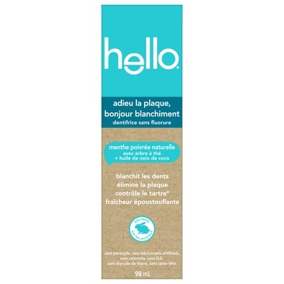 Hello Dentifrice Adieu la plaque sans fluorure, Menthe poivrée 98 ml, 10 367,35 $/100ml