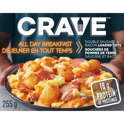 Crave All Day Breakfast Double Sausage And Bacon Loaded Tots 255 g, $1.18/100g