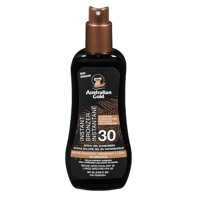 Australian Gold Spray Gel Sunscreen Instant Bronzer Spf 30 237 ml, $6.75/100ml