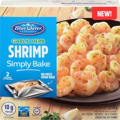 BlueWater Seafoods Simply Bake Classic Shrimp Scampi with Garlic, Butter, and Parmesan Cheese, 100% Whole, Tail-Off Shrimp, Frozen 210 g, $4.28/100g