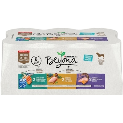 Purina Beyond Sans grains emballage assorti entrée moulue sans grains morue de l’alaska, saumon, poulet et dinde nourriture humide pour chiens 2.21 kg, 0,72 $/100g