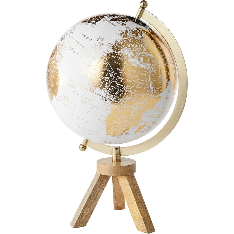 Globe on Stand, White Globe with Gold Print, Wood Stand with Gold Accents, 16 in