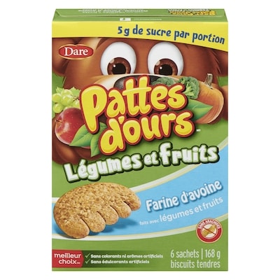 Dare Biscuits Pattes d’ours Légumes et fruits Farine d’avoine 168 g, 2,97 $/100g