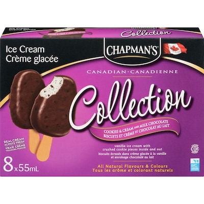 Chapman’s Collection canadienne barre de crème glacée aux biscuits et crème et chocolat au lait 8x55.0 ml, 1,48 $/100ml