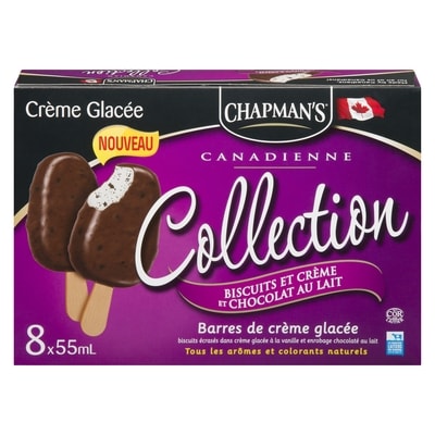 Chapman’s Collection canadienne barre de crème glacée aux biscuits et crème et chocolat au lait 8x55.0 ml, 1,70 $/100ml
