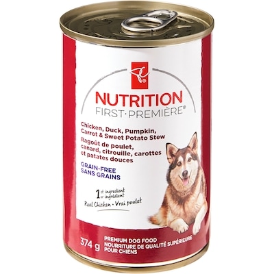President's Choice Nutrition First Chicken, Duck, Pumpkin, Carrot, and Sweet Potato Stew Premium Dog Food 374 g, $0.80/100g