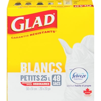 Glad Petits sacs à ordures blancs avec senteur fraîche et propre de Febreze fraîcheur, sacs à ordures de 25 L 48 ea, 0,20 $/1ch