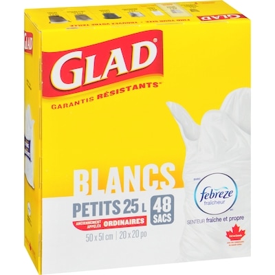 Petits sacs à ordures blancs avec senteur fraîche et propre de Febreze fraîcheur, sacs à ordures de 25 L