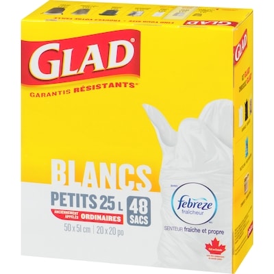 Petits sacs à ordures blancs avec senteur fraîche et propre de Febreze fraîcheur, sacs à ordures de 25 L