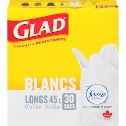 Glad Sacs à ordures blancs longs avec senteur fraîche et propre de Febreze fraîcheur, sacs à ordures de 45 L 30 ea, 0,32 $/1ch