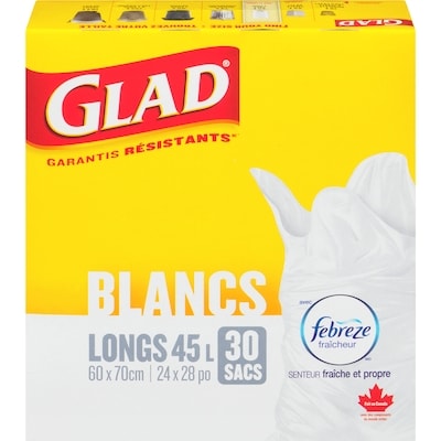 Glad Sacs à ordures blancs longs avec senteur fraîche et propre de Febreze fraîcheur, sacs à ordures de 45 L 30 ea, 0,32 $/1ch