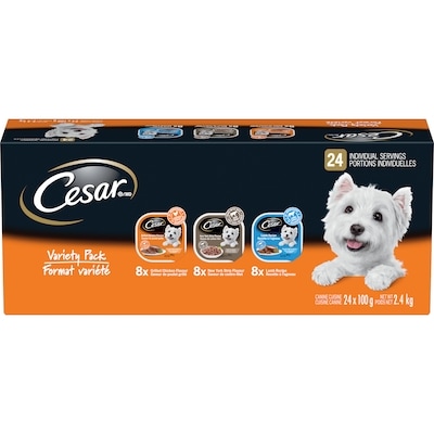 Cesar Nourriture humide pour chiens adultes pain classique en sauce – format variété, saveur de poulet, de contre-filet et d’agneau 2.4 kg, 1,42 $/100g