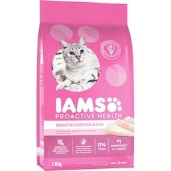 Iams Nourriture Sèche Pour Chats Adultes PROACTIVE HEALTH Digestion Et Peau Sensibles Avec Dinde 1.36 kg, 1,18 $/100g