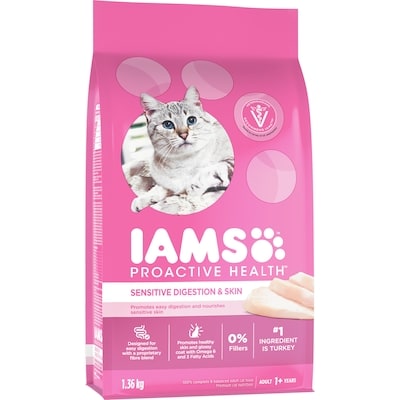Iams Nourriture Sèche Pour Chats Adultes PROACTIVE HEALTH Digestion Et Peau Sensibles Avec Dinde 1.36 kg, 0,96 $/100g