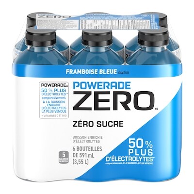 Powerade Zéro Sucre Boisson Sportive Framboise Bleue Bouteilles 6x591.0 ml, 0,21 $/100ml