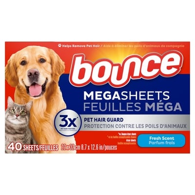 Bounce Pet Hair & Lint Guard Mega Dryer Sheets with 3X Pet Hair Fighters, Fresh Scent, 40 Count 40 ea, $0.19/1ea