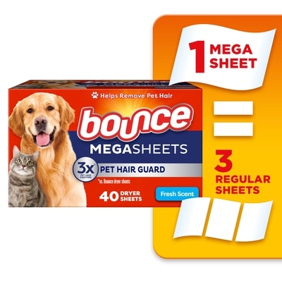 Bounce Pet Hair & Lint Guard Mega Dryer Sheets with 3X Pet Hair Fighters, Fresh Scent, 40 Count 40 ea, $0.13/1ea
