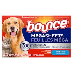 Bounce Feuilles assouplissantes méga Anti-poils d’animaux et anti-peluches avec 3 fois les anti-poils d’animaux, parfum Frais, 40 feuilles 40 ea, 0,19 $/1ch