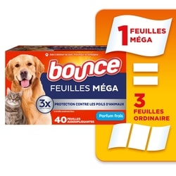 Feuilles assouplissantes méga Pet Hair and Lint Guard avec 3X les anti-poils d’animaux, parfum Frais, 40 feuilles