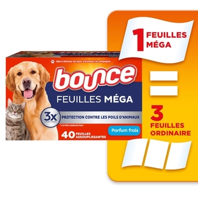 Bounce Feuilles assouplissantes méga Pet Hair and Lint Guard avec 3X les anti-poils d’animaux, parfum Frais, 40 feuilles 40 ea, 0,13 $/1ch